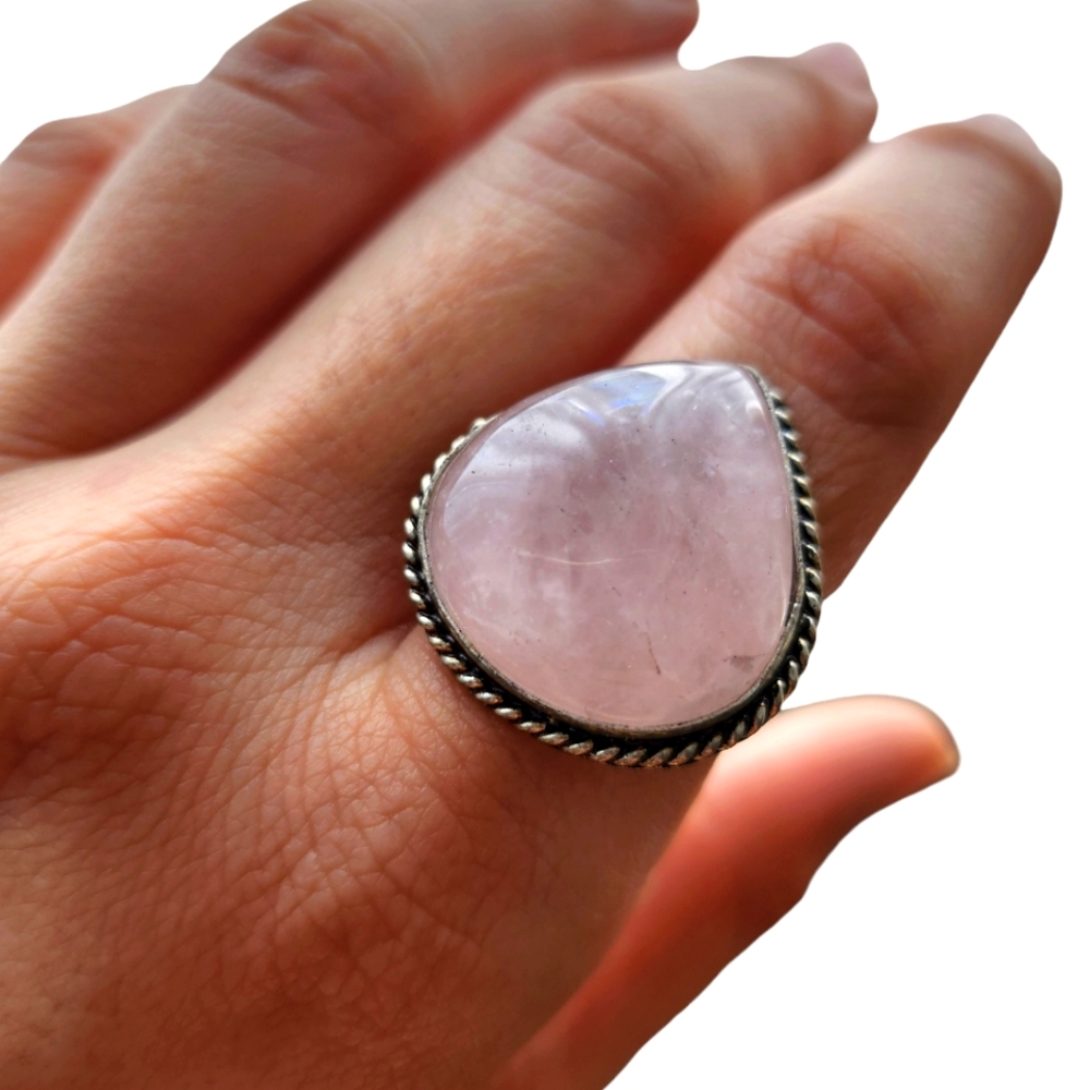 Rose QUARTZ Teardrop Sterling Silver 925 Rope Finish Ring Size 10
